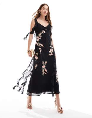 ASOS DESIGN - Besticktes, wadenlanges Kleid in Schwarz mit geraffter Schulter und Schleife auf der Rückseite-Weiß