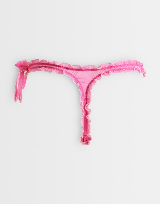 ASOS DESIGN - Bettie - Set van 3 aangerimpelde strings van doorschijnend mesh met strik in roze, 2 van 3