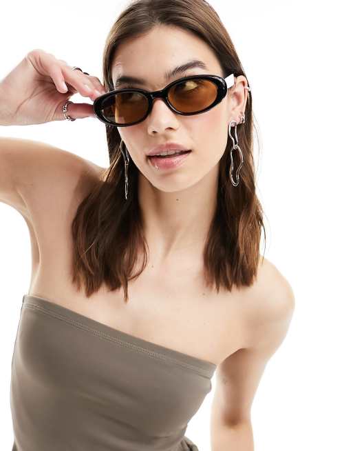 ASOS DESIGN bevel oval sunglasses in black with brown lens, 3 of 4