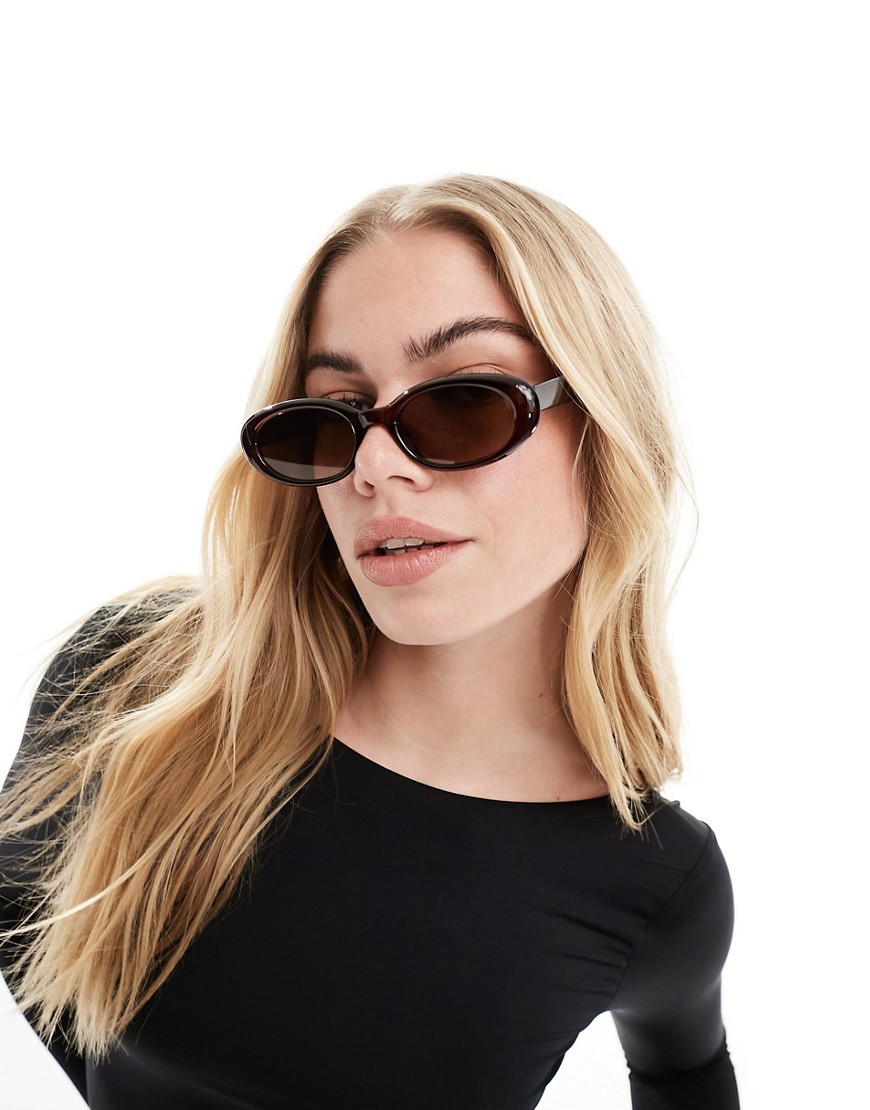 Asos Design Bevel Oval Sunglasses In Crystal Brown In Black