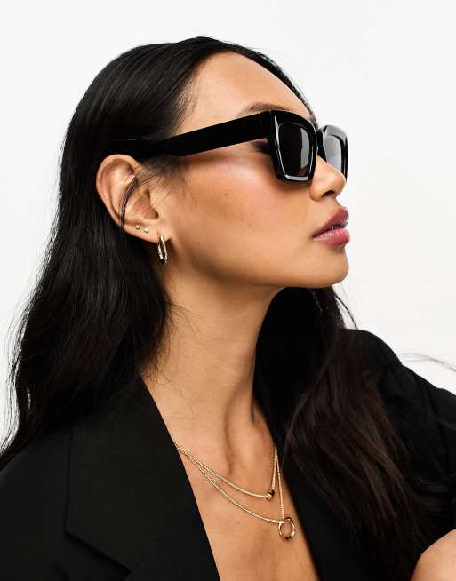 ASOS DESIGN square beveled cat eye sunglasses in shiny black