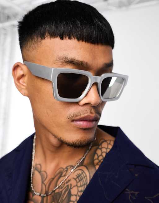 ASOS DESIGN square sunglasses in black with mirrored rainbow lens