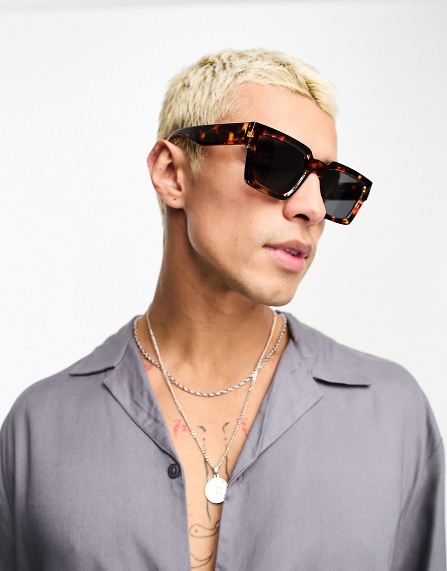 ASOS DESIGN bevel square sunglasses with smoke lens in dark tortoiseshell-Brown