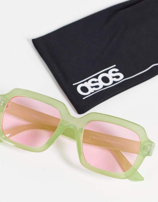 ASOS DESIGN beveled angular square sunglasses in milky green, 4 of 4