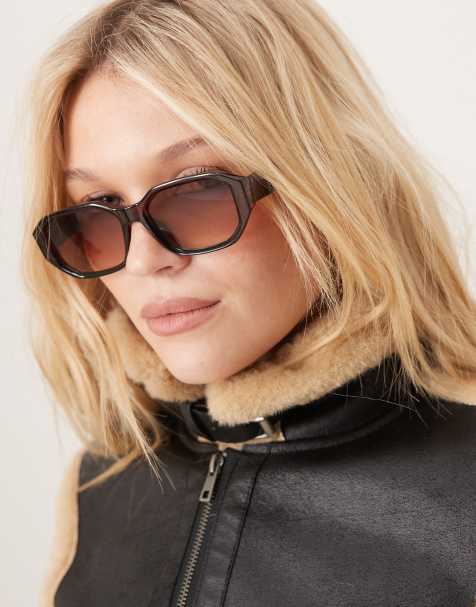 ASOS DESIGN bevelled hexagon sunglasses in brown - view 1