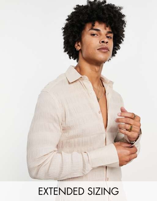 ASOS DESIGN – Beżowa bardzo obcisła koszula o wydłużonym fasonie z marszczonego materiału