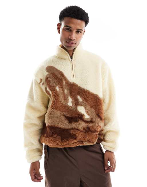 ASOS DESIGN – Beżowa bluza extreme oversize ze sztucznego kożuszka w krajobrazowy wzór z suwakiem pod szyją