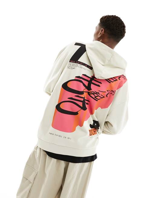 ASOS DESIGN – Beżowa bluza oversize z kapturem i nadrukiem z przodu i na plecach