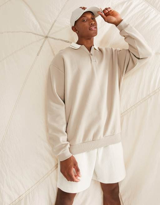 ASOS DESIGN – Beżowa bluza polo oversize w stylu rugby z lamówką, 3 z 4