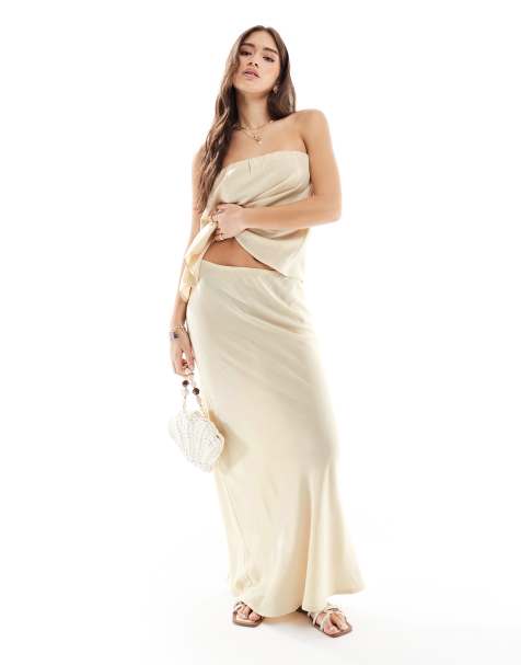 ASOS DESIGN linen blend bias cut maxi skirt in beige