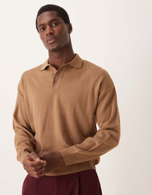 ASOS DESIGN – Beżowa dzianinowa koszulka polo o luźnym pudełkowym kroju z długimi rękawami