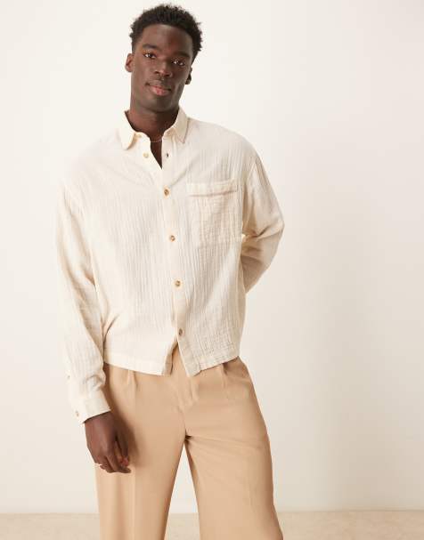 ASOS DESIGN boxy textured regular shirt with piping detail in beige