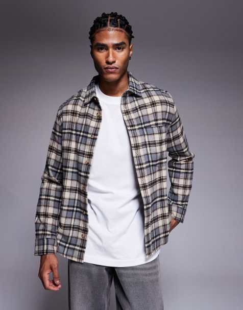 ASOS DESIGN regular flannel check shirt in beige
