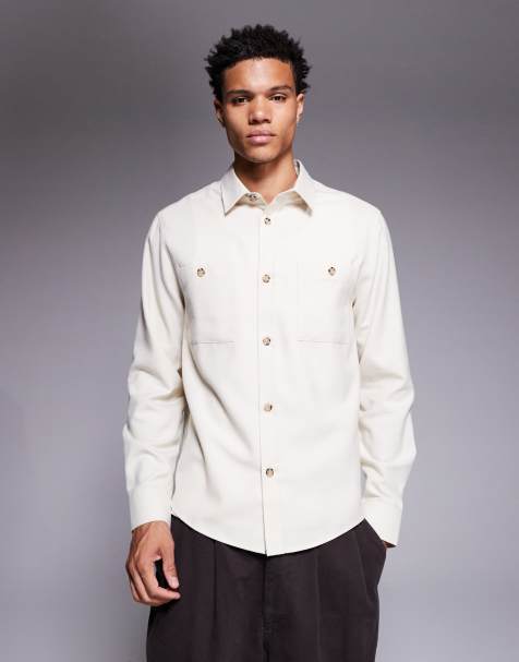 ASOS DESIGN flannel overshirt with patch pockets in beige