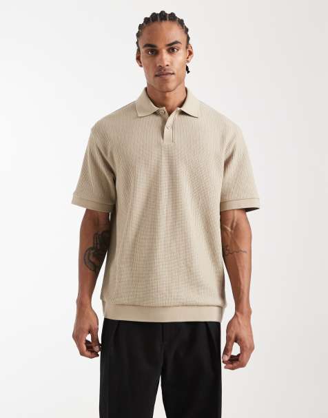 ASOS DESIGN – Beżowa gruba koszulka polo o luźnym kroju ze szczotkowanej bawełny - view 1