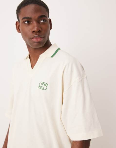 ASOS DESIGN heavyweight oversized revere polo with applique in beige 