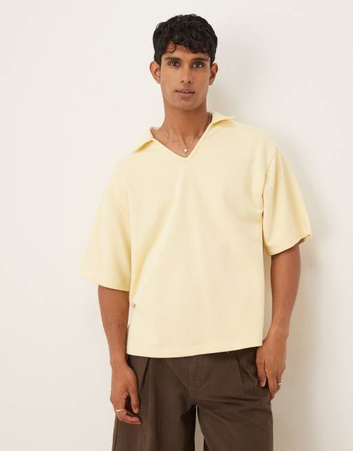 ASOS DESIGN – Beżowa gruba koszulka polo z wcięciem w dekolcie i obszyciem pętelkowym o gramaturze 300 g/m<sup>2</sup>