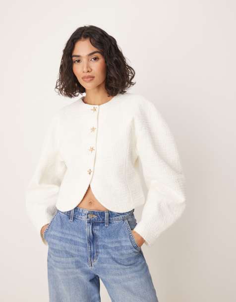 ASOS DESIGN boucle cocoon jacket with starfish buttons in buttermilk