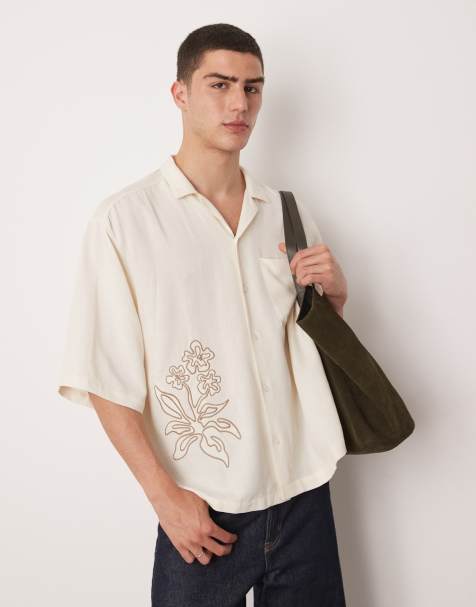 ASOS DESIGN oversized boxy linen look shirt with embroidery in beige