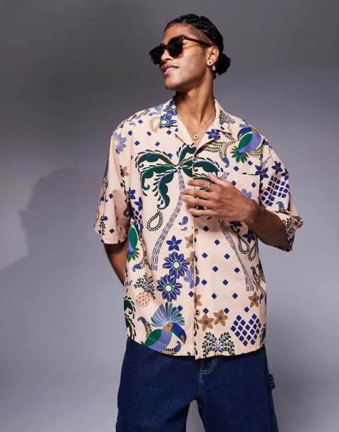 ASOS DESIGN boxy oversized revere printed shirt in beige