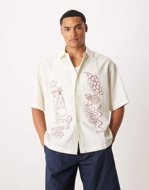 ASOS DESIGN boxy oversized shirt with placement print in beige