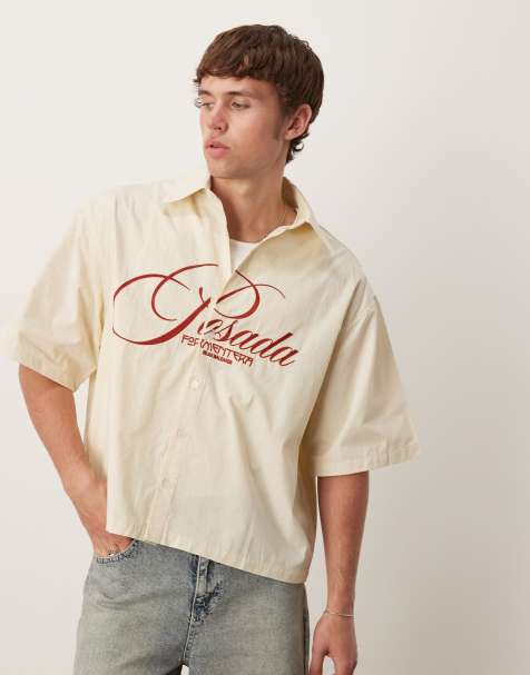 ASOS DESIGN boxy oversized shirt with chest embroidery in beige