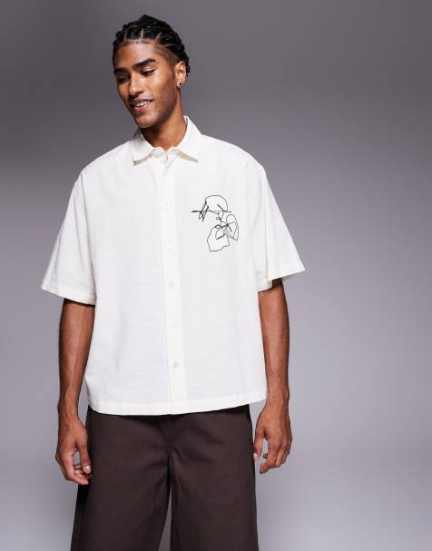 ASOS DESIGN boxy oversized shirt with chest embroidery in beige