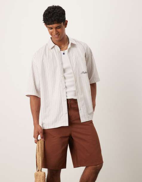 ASOS DESIGN oversized shirt in beige stripe with chest embroidery