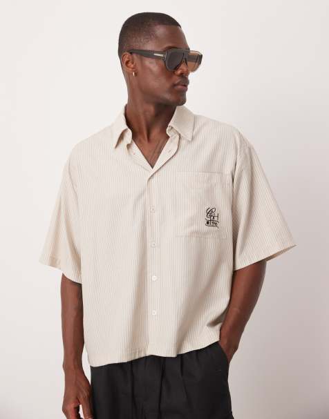 ASOS DESIGN oversized stripe shirt with embroidery in beige  