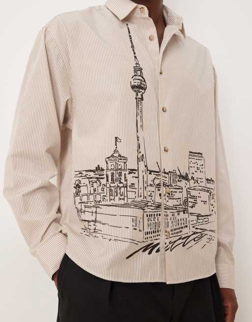 ASOS DESIGN – Beżowa koszula oversize w paski z nadrukiem krajobrazu, 5 z 5