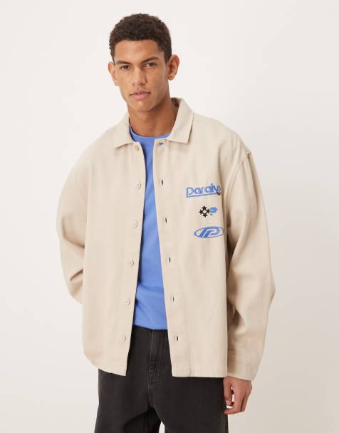 ASOS DESIGN – Beżowa koszula oversize z bawełnianego diagonalu z haftem na piersi - view 1