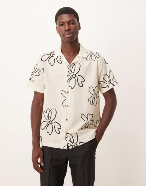 ASOS DESIGN oversized revere shirt with floral print in beige