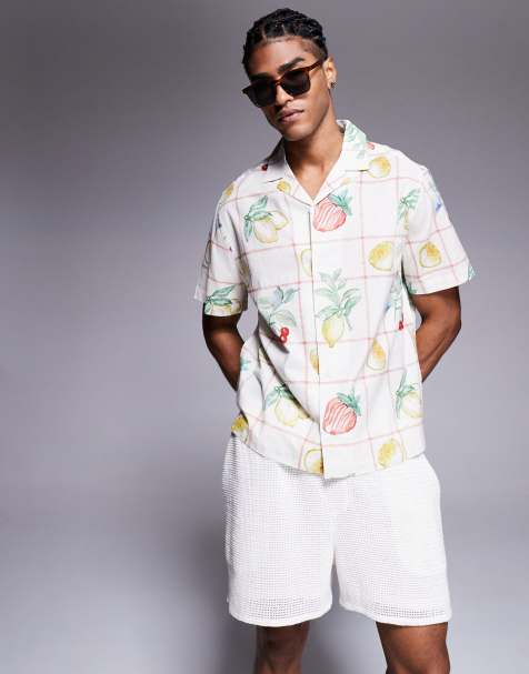 ASOS DESIGN oversized revere shirt with fruit print in beige