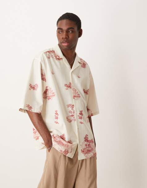 ASOS DESIGN oversized revere shirt with scenic print in beige