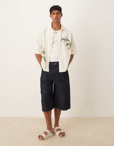 ASOS DESIGN oversized shirt with palm placement print in beige