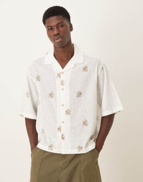 ASOS DESIGN – Beżowa koszula polo oversize o pudełkowym kroju we wzór z półdługimi rękawami i kołnierzykiem kubańskim - view 1