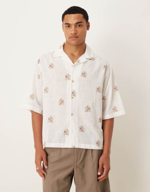 ASOS DESIGN – Beżowa koszula polo oversize o pudełkowym kroju we wzór z półdługimi rękawami i kołnierzykiem kubańskim