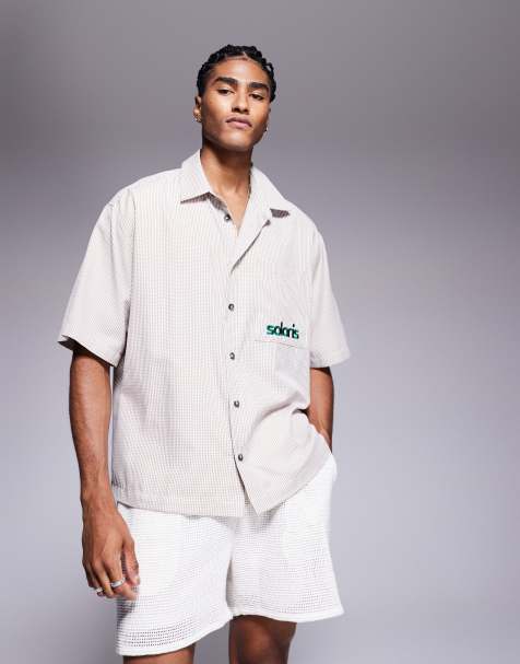 ASOS DESIGN boxy oversized check shirt with chest embroidery in beige