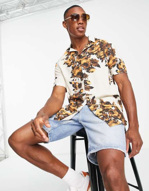 ASOS DESIGN – Beżowa koszula w kwiaty z kubańskim kołnierzykiem