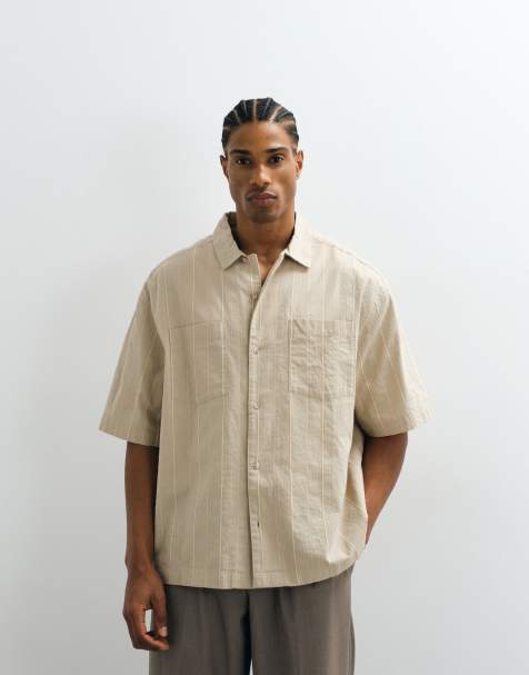 ASOS DESIGN – Beżowa koszula w paski o pudełkowym kroju oversize z kołnierzykiem kubańskim - view 1