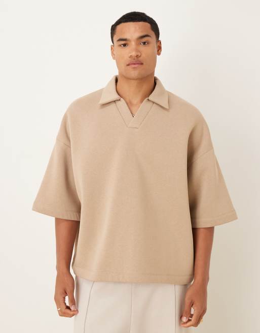 ASOS DESIGN – Bezowa koszulka polo o fasonie extreme oversize z rękawami trzy czwarte