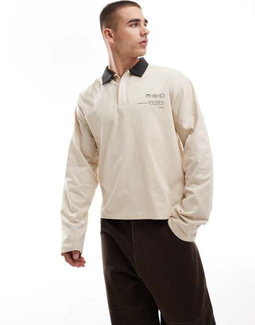 ASOS DESIGN – Beżowa koszulka polo o luźnym, pudełkowym kroju z długimi rękawami