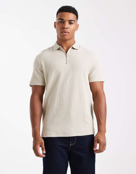 ASOS DESIGN – Beżowa koszulka polo o regularnym kroju i waflowej fakturze z zamkiem pod szyją - view 1
