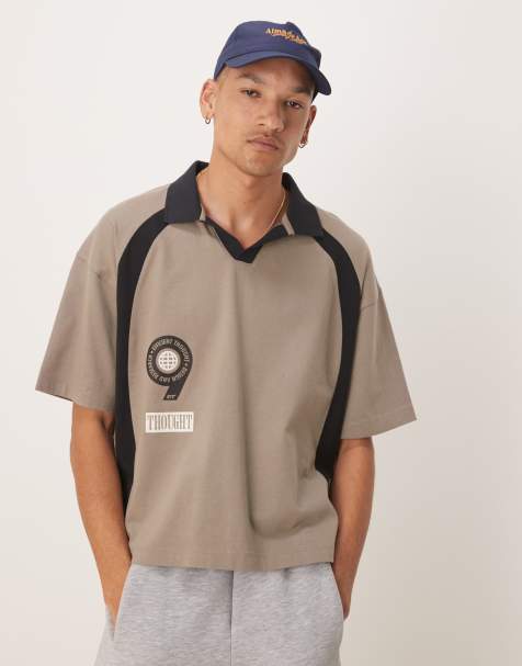 ASOS DESIGN boxy oversized polo with front and back sports print in beige