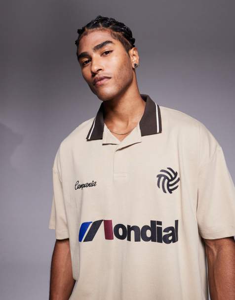 ASOS DESIGN oversized polo with sports graphic in beige