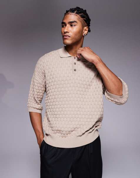 ASOS DESIGN relaxed knitted 3/4 sleeve textured polo in beige