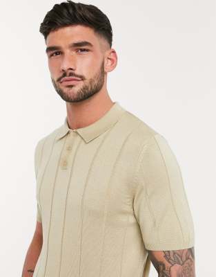 ASOS DESIGN – Beżowa koszulka polo z prążkowanej dzianiny