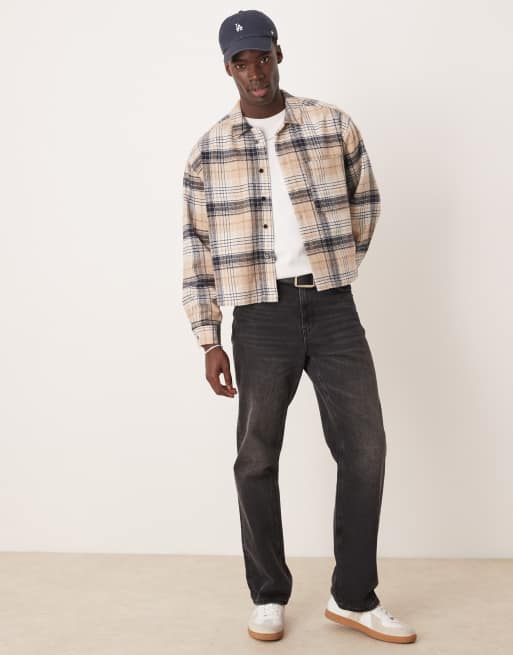 ASOS DESIGN – Beżowa krótka koszula flanelowa oversize w kratkę, 4 z 4