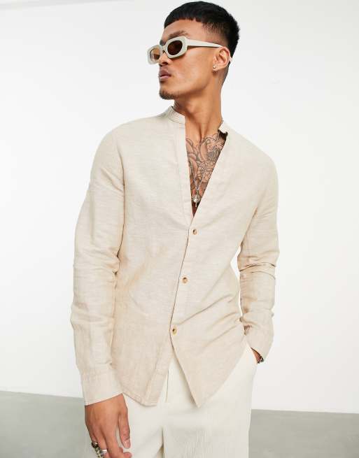 ASOS DESIGN – Beżowa lniana koszula o regularnym kroju ze stójką