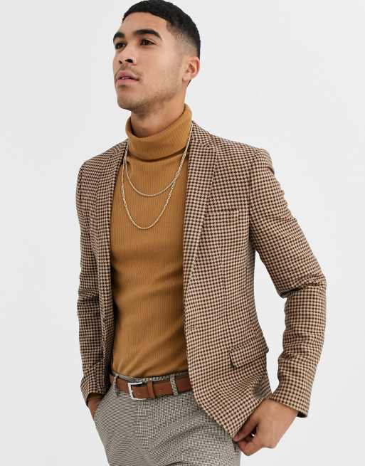 ASOS DESIGN – Beżowa marynarka o obcisłym kroju w drobną kratę
